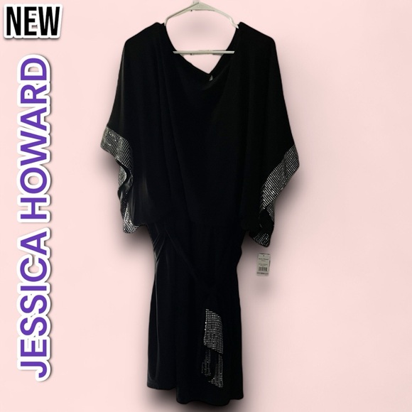 NWT Jessica Howard Elbow Sleeve Boat Neck Metallic Trim Sheath Dress - Picture 2 of 6